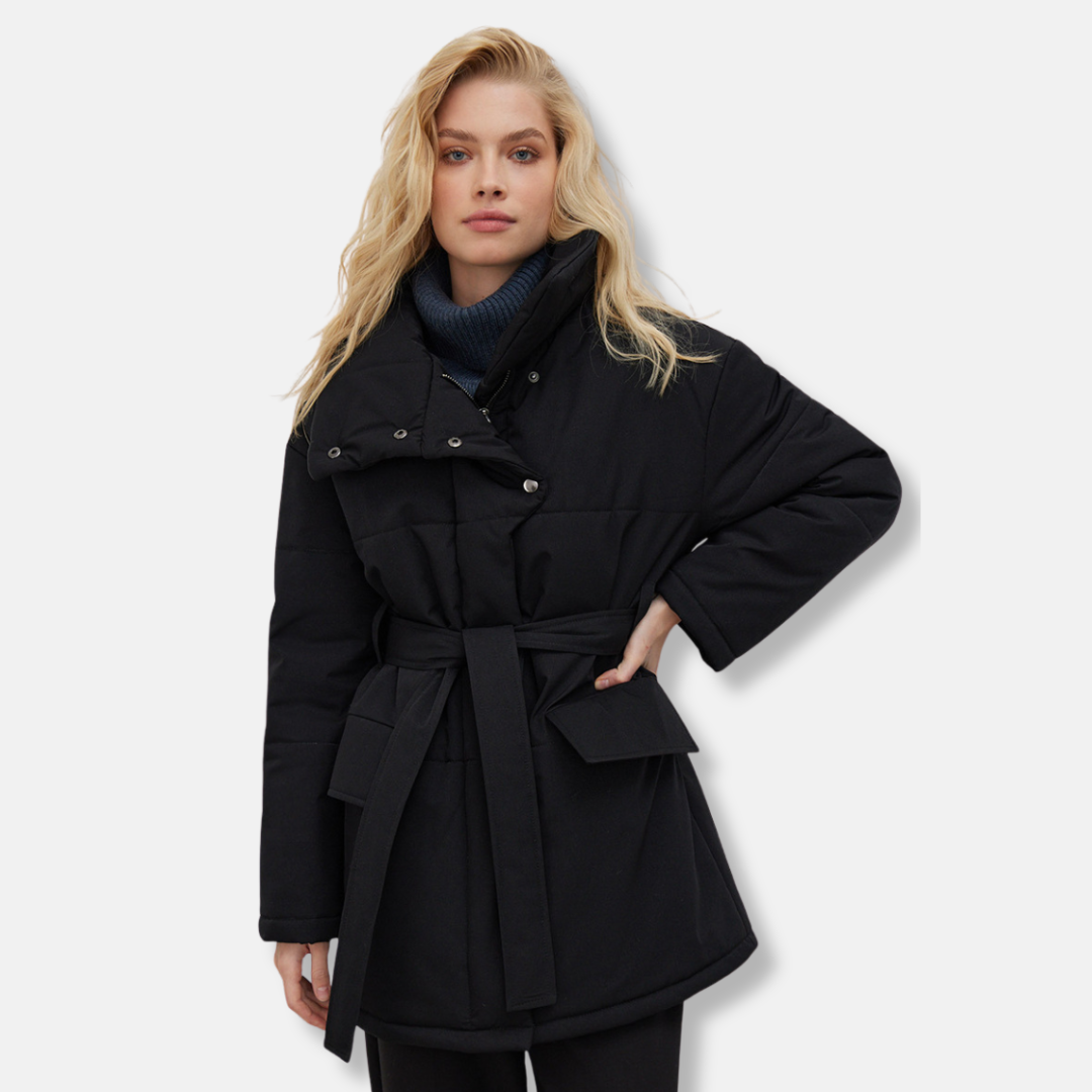 Women's oversized jacket high stand collar belted waist chic cold-weather polyester coat modern fit