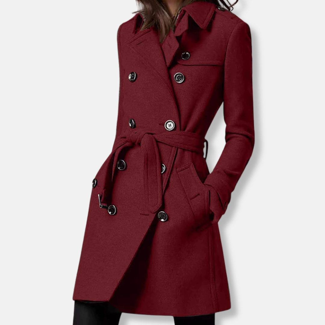 Women's slim fit belted double breasted wool blend coat mid-thigh length modern style