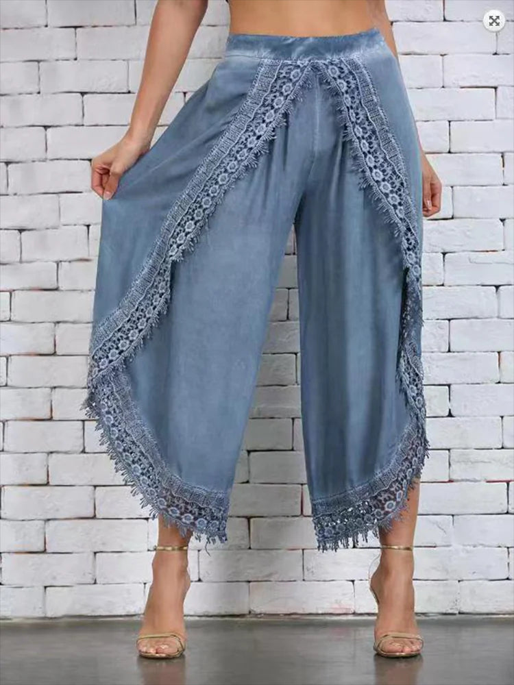 Women's wide leg trousers with floral lace panels, scalloped hem, lightweight cotton blend fabric