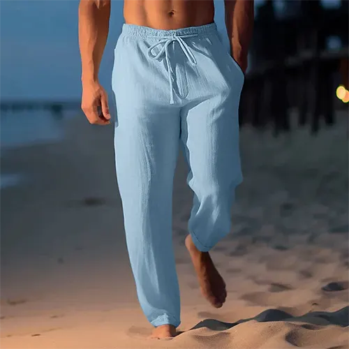 Men's lightweight linen straight-leg pants mid-rise breathable blend for travel and city walks