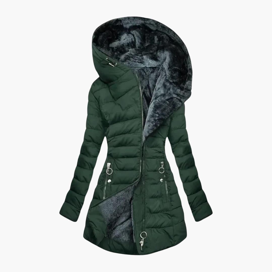 Women's quilted winter coat with hood, zipper front pockets, warm lined interior, structured silhouette