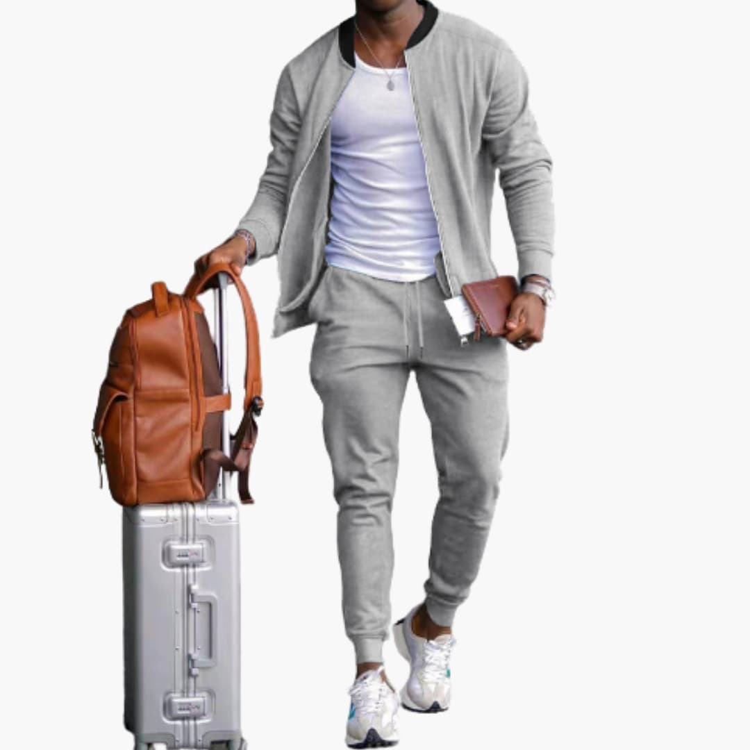 Men's gray textured zip jacket and tapered pants athleisure set with front zipper closure