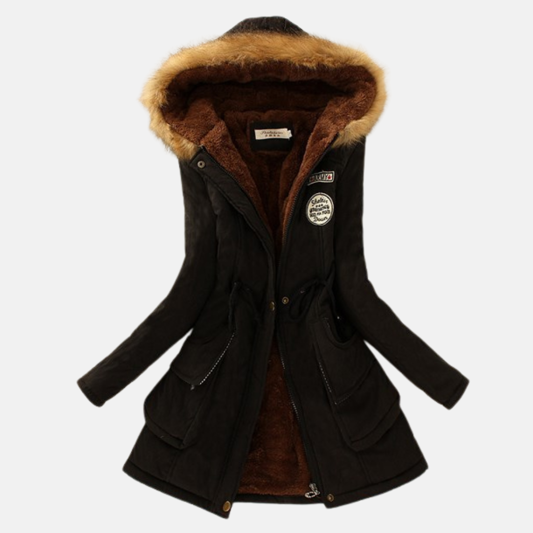 Women's tailored parka jacket with fleece lining, faux fur hood, zip closure, versatile autumn winter layer