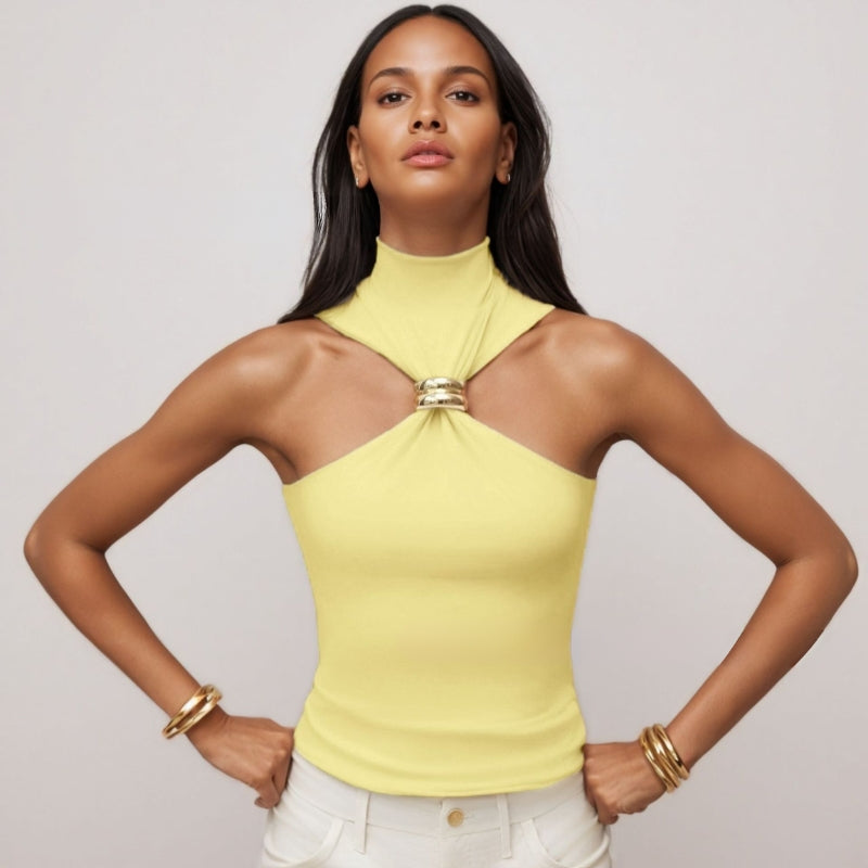 Women's skin-tracing stretch knit tank top in nude with gold-tone ring hardware detail