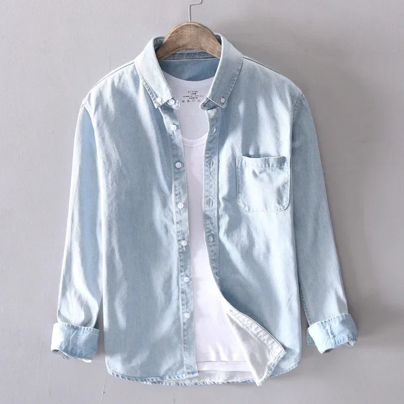 Heritage cotton denim button-down shirt in blue with classic fit and breathable 100% cotton fabric