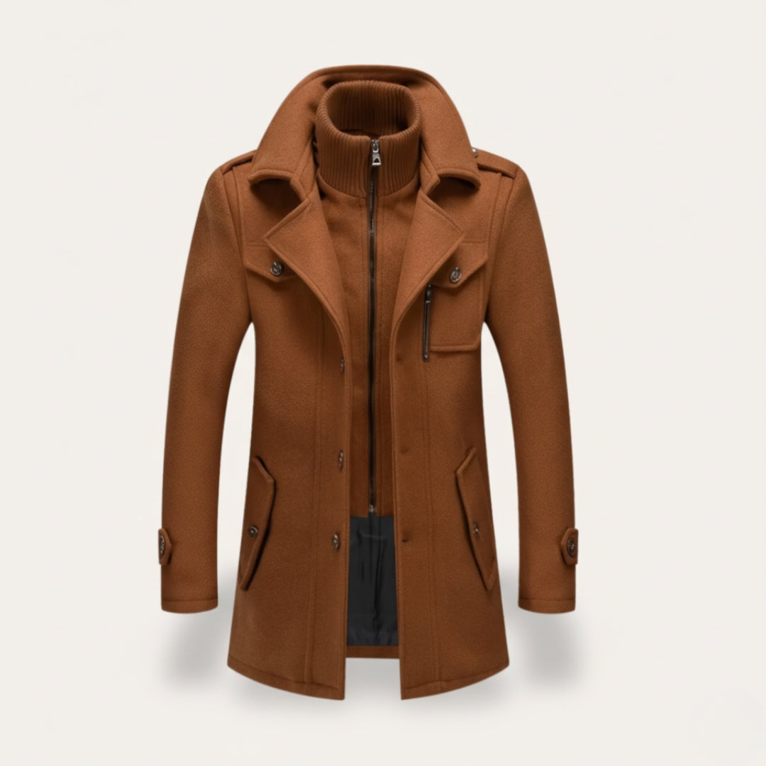 Men's dark wool winter overcoat with stand collar, epaulets, cuffed straps, and dual button-zip closure