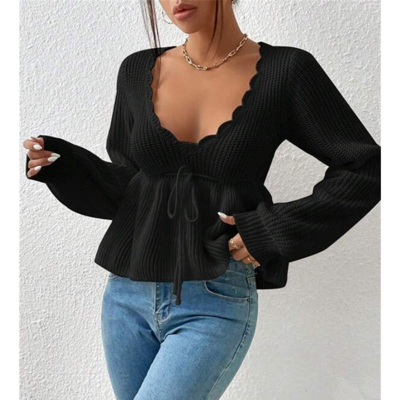 Women's soft knit top with scalloped neckline, tie-front waist detail, feminine everyday style