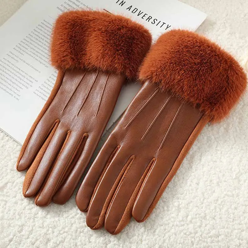 Women's black faux leather gloves with fluffy faux fur cuffs, sleek touchscreen-compatible winter style