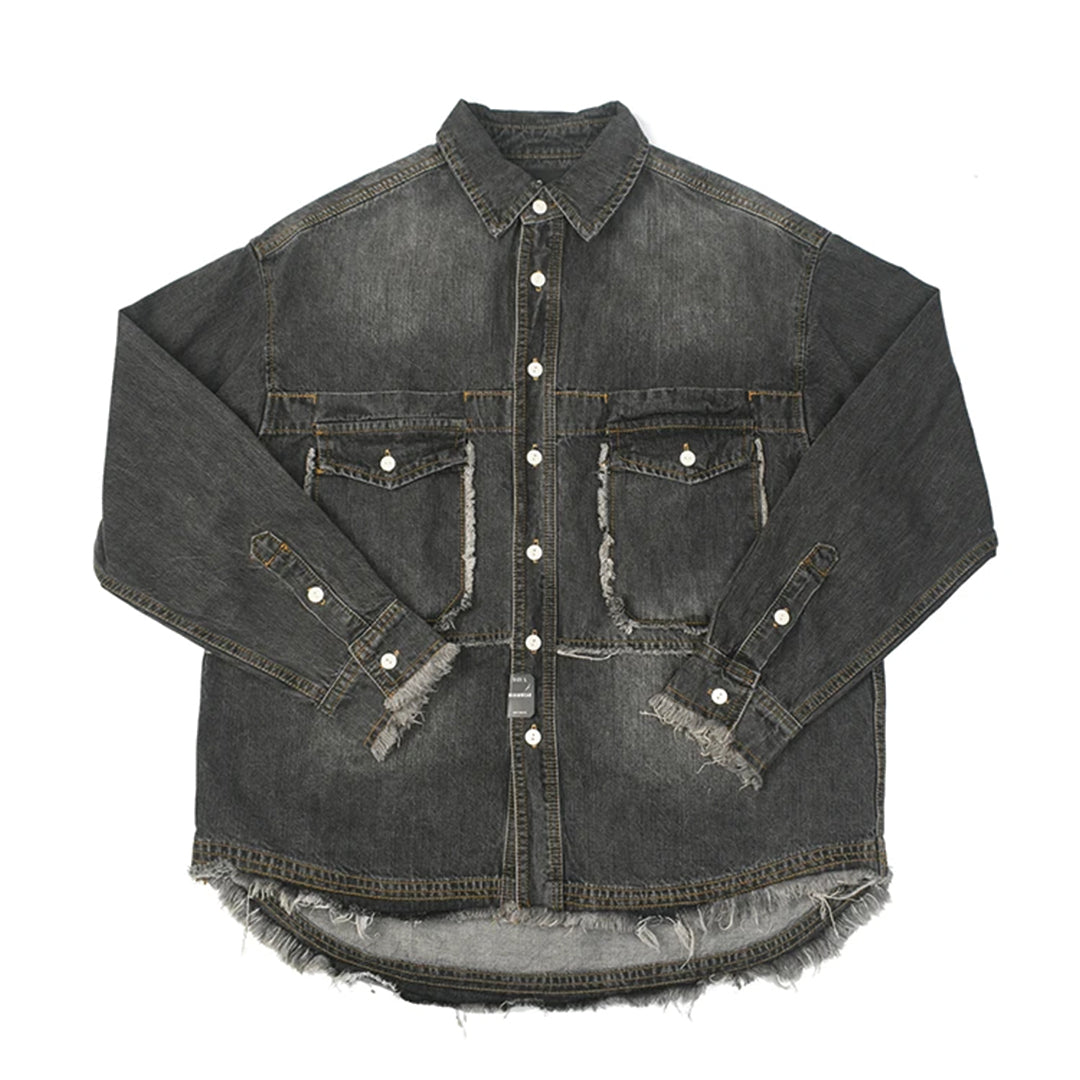 Washed cotton denim loose shirt with frayed hem and tassel trims, workwear-inspired style