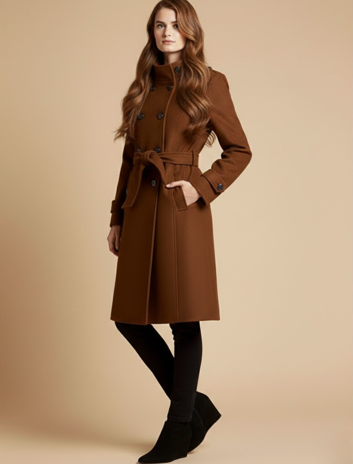 Women's double-breasted mid-length coat classic collar tailored silhouette cuff tab details