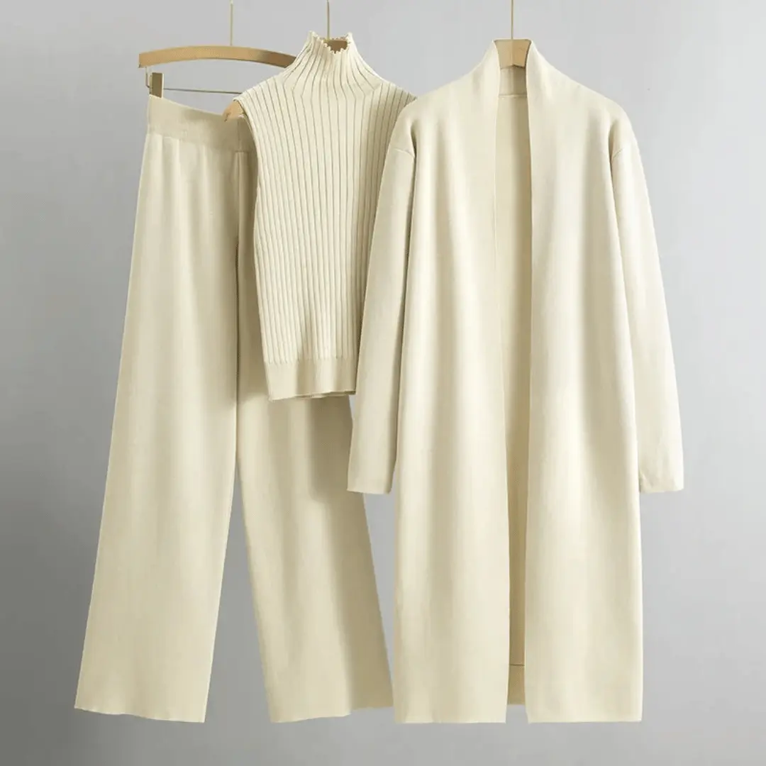 Women's ivory open-stitch cardigan 3-piece set with wide-leg pants and sleeveless turtleneck