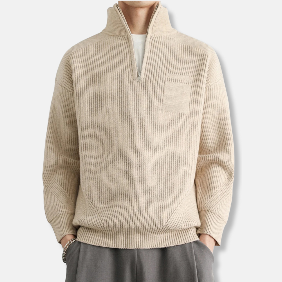 Men's gray cotton blend quarter-zip sweatshirt with stand-up collar, relaxed fit urban style