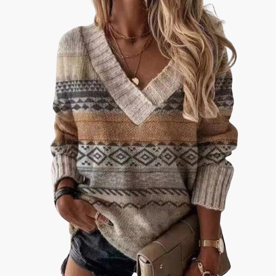 Women's animal print V-neck knit sweater with ribbed cuffs and edging for everyday style
