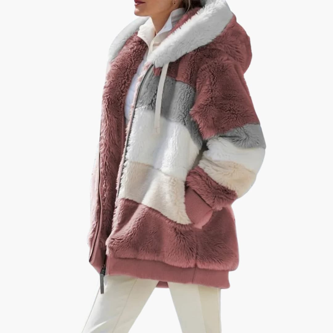 Women's casual zip-up hoodie jacket with striped texture, drawstring hood, everyday comfort fit