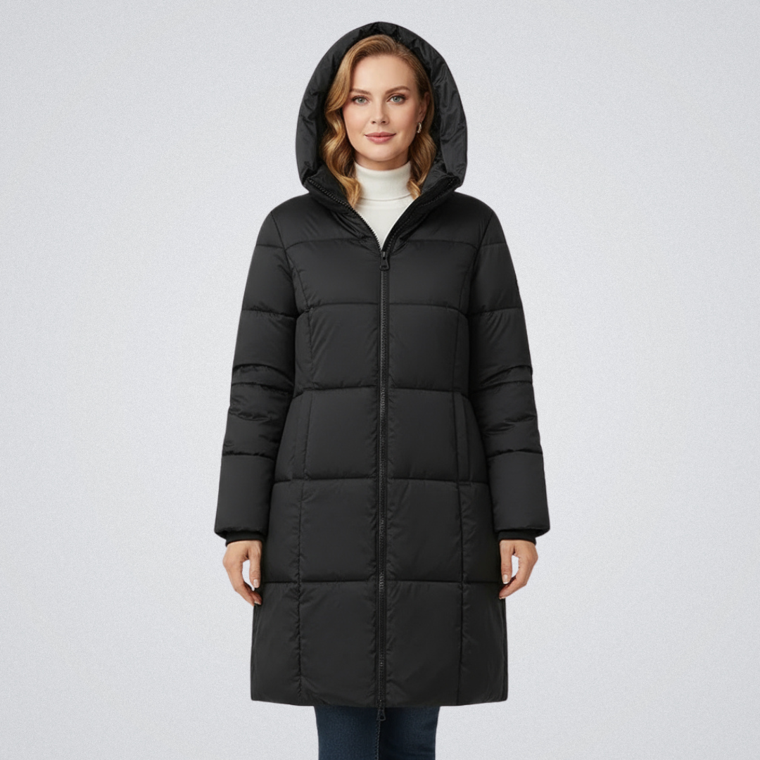 Women's black longline quilted puffer coat with attached hood, sleek non-bulky silhouette