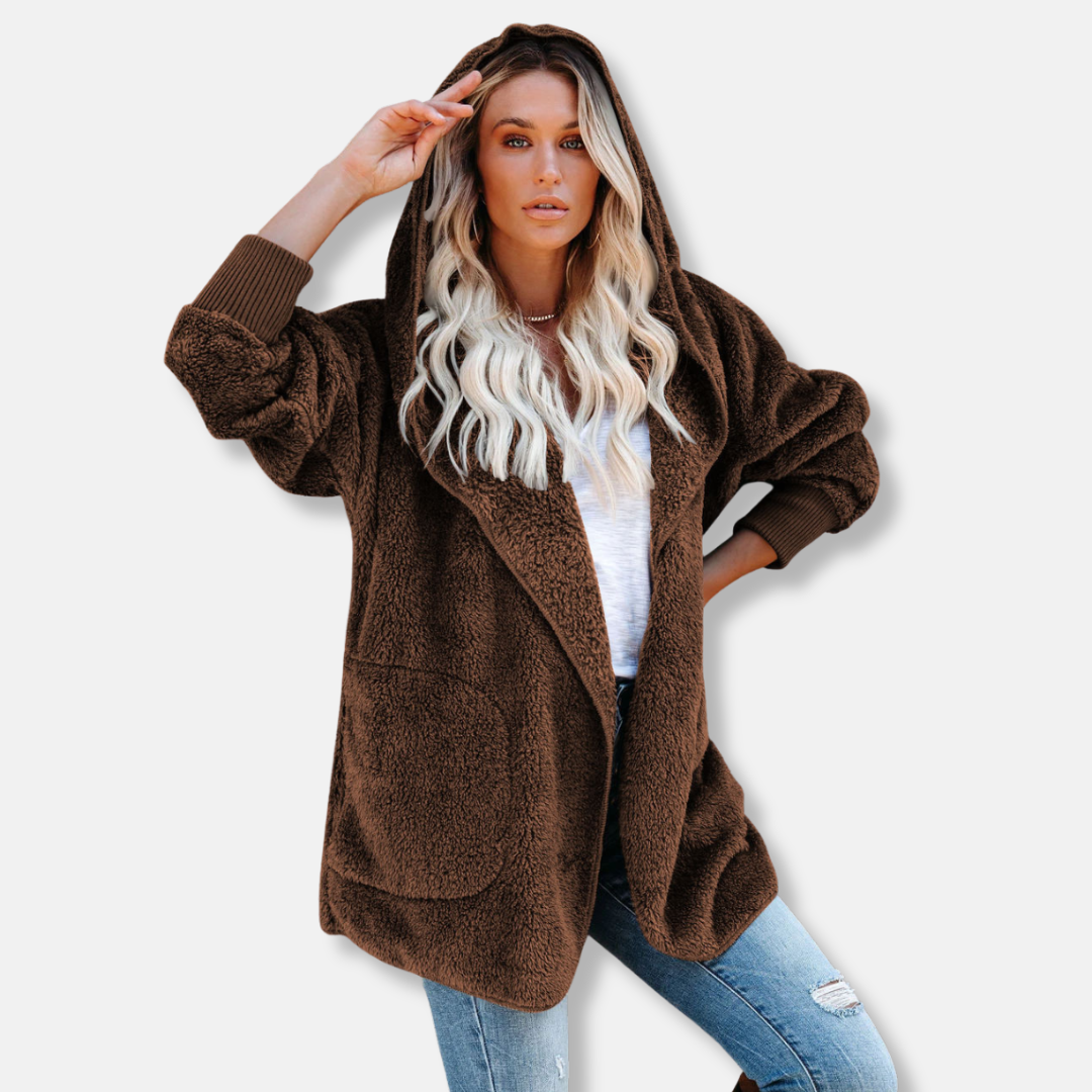 Women's oversized sherpa fleece hooded cardigan open front cozy fit with pockets, ultra soft