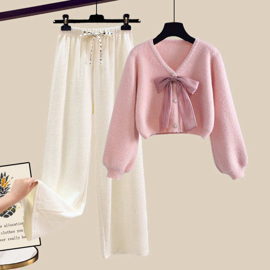 Women's beige plush knit cropped cardigan pants set with sheer bow detail and relaxed fit