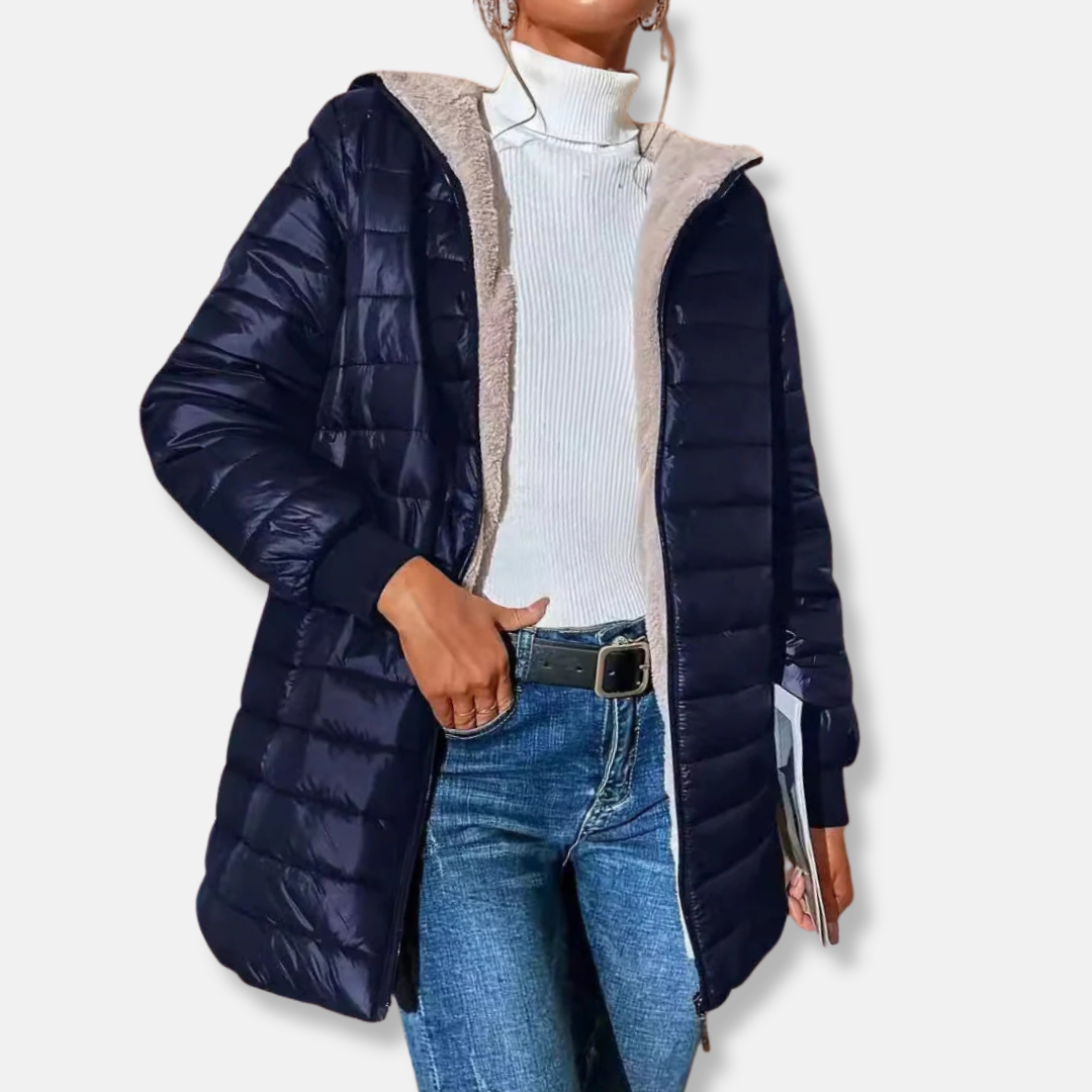 Sienna quilted puffer jacket women hooded relaxed fit mid-thigh length contrast hood lining