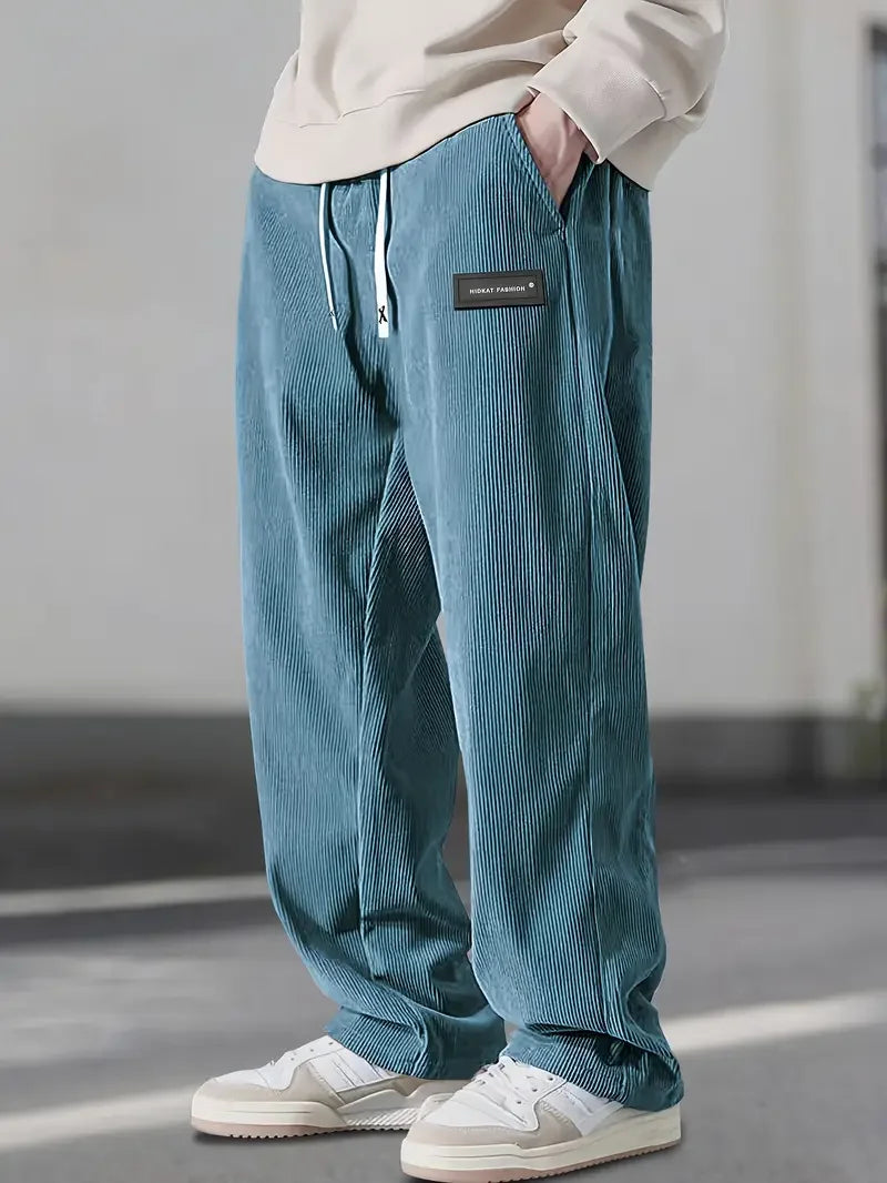 Men's wide-leg corduroy pants in wide-wale texture with elastic drawstring waist streetwear fit