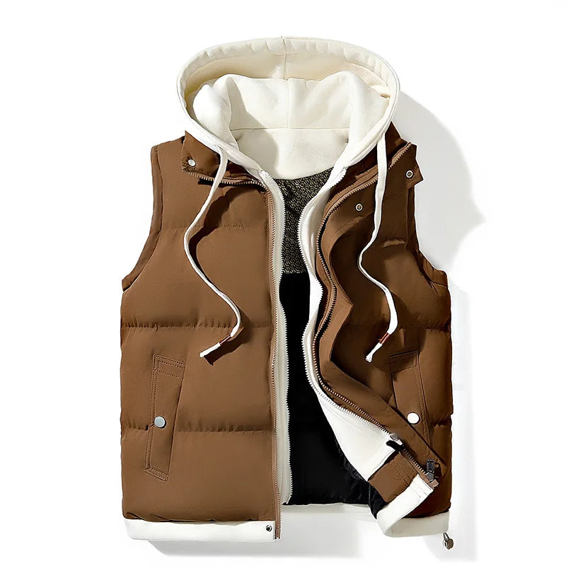 Women's hooded lightweight soft shell puffer vest, breathable fleece-lined hood, active casual style