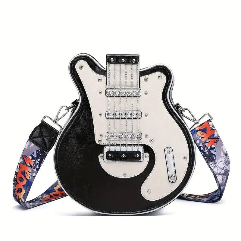 Guitar-shaped unisex crossbody shoulder bag with rock edge strap and spacious interior for music lovers