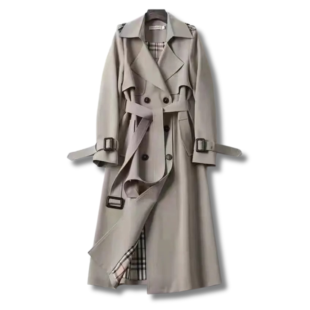 Women's beige classic trench coat with adjustable waist belt and weatherproof finish