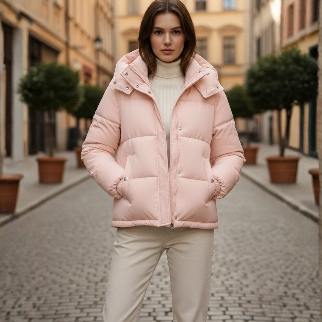 Women's boxy fit down jacket lightweight thermal padding water-repellent coating pink white brown black