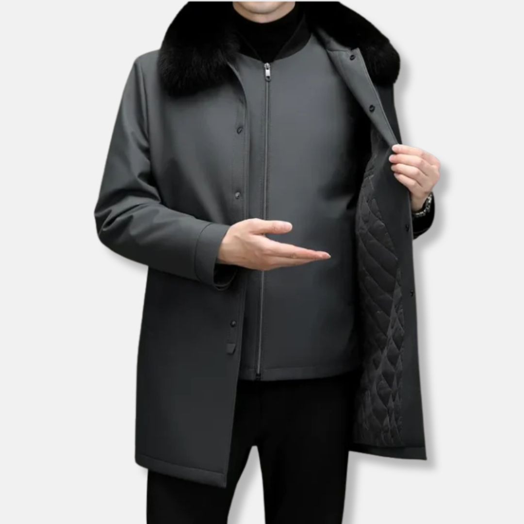 Men's woven blend mid-length jacket charcoal stand collar detachable faux fur modern structured fit