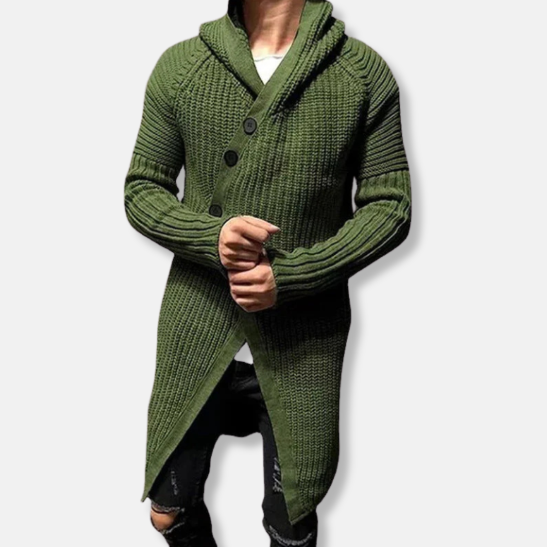 Men's wool blend longline hooded shawl collar cardigan chunky knit relaxed fit cold-weather layering