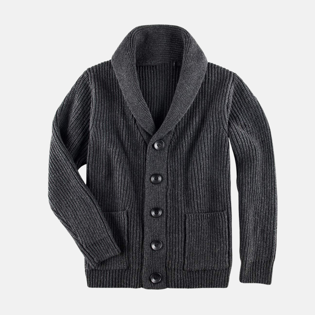 Men's ribbed knit shawl collar cardigan coat, button-front regular fit with patch pockets