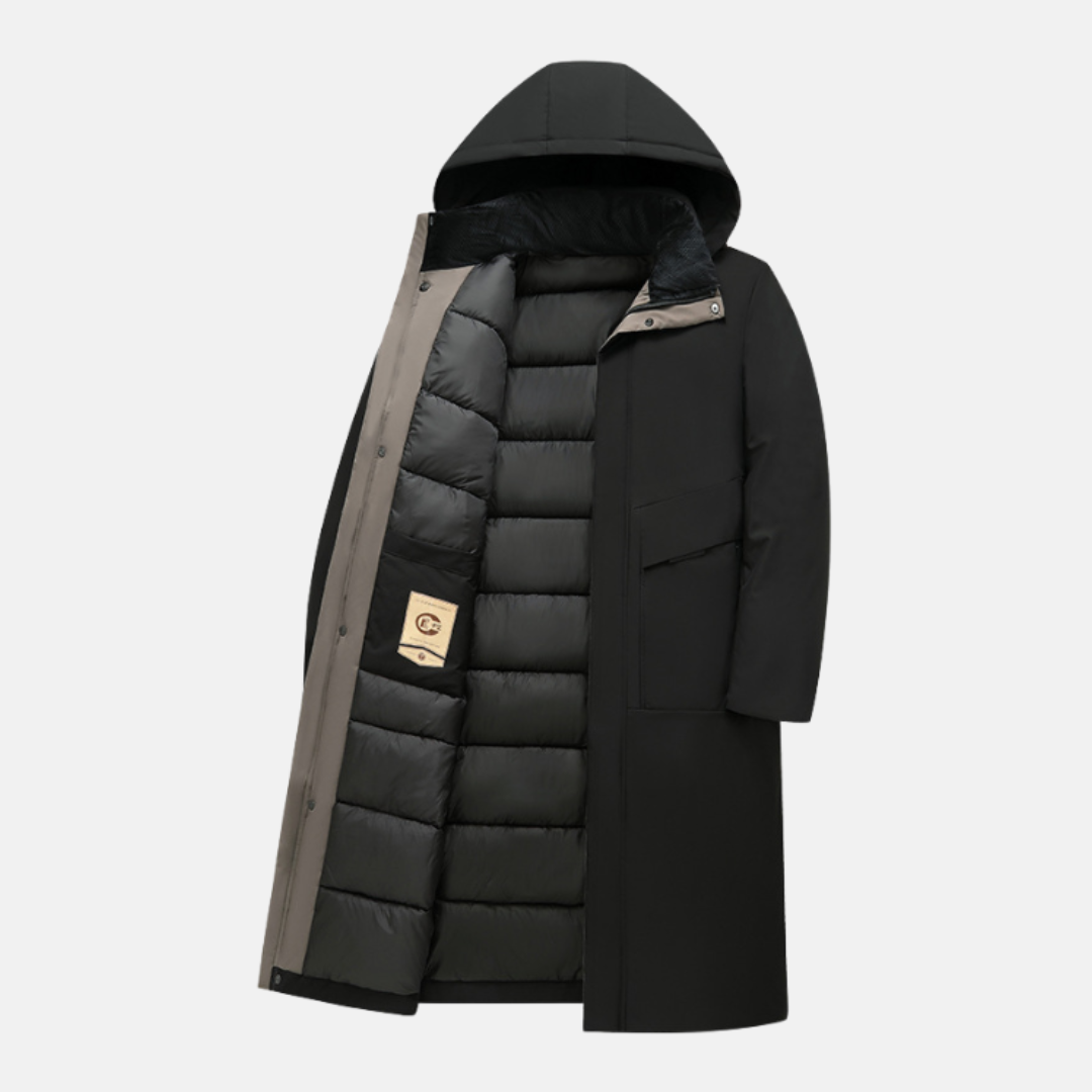 Men's insulated hooded long coat regular fit full-length windproof winter outerwear