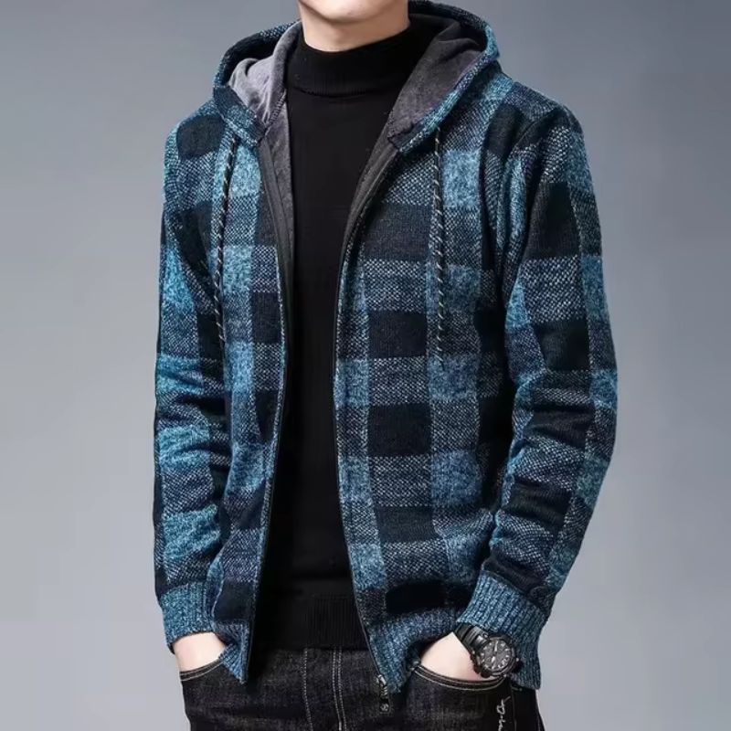 Men's plaid fleece zip-up hoodie soft plush fabric insulating warmth cold weather comfort