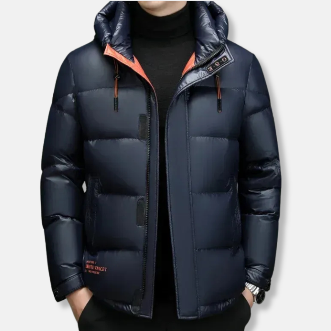 Men's water-resistant down jacket regular fit with drawstring hood, winter outerwear