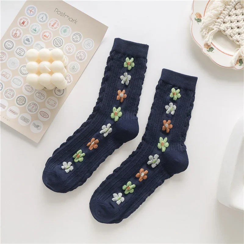 Women's ribbed cotton mid-crew socks set with delicate floral embroidery, vintage-inspired feminine style