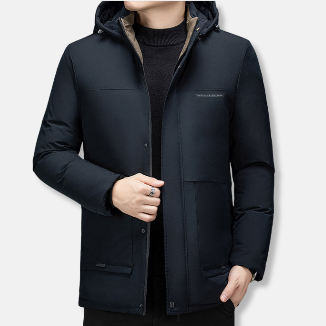 Men's insulated hooded mid-length winter coat padded lightweight outerwear for cold weather protection