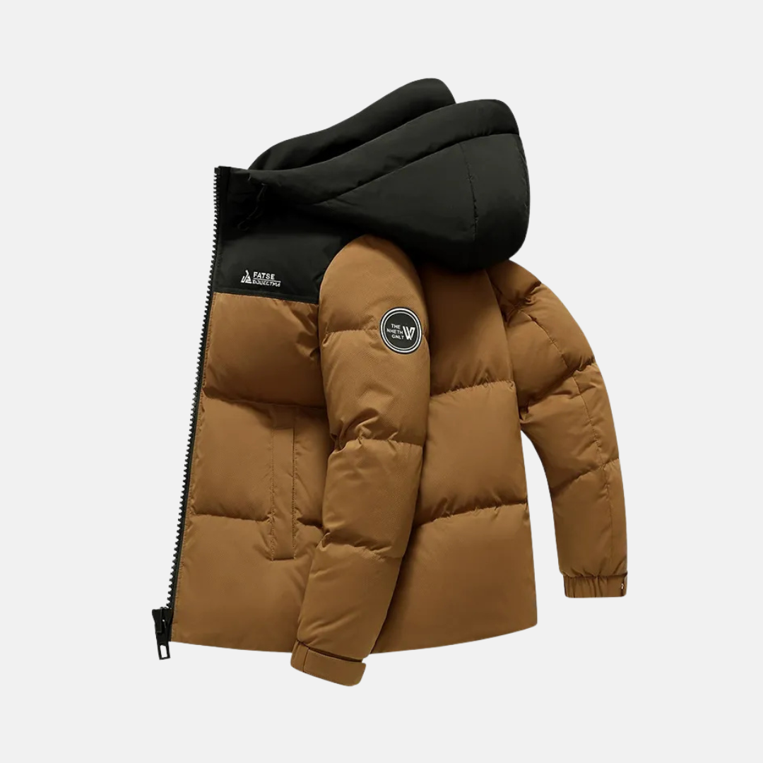 Men's navy nylon puffer jacket hip-length hooded padded insulation durable winter coat regular fit