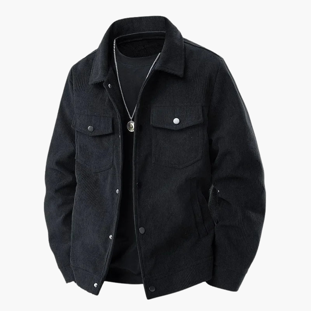 Men's brown corduroy jacket button closure slim fit with front pockets casual everyday style