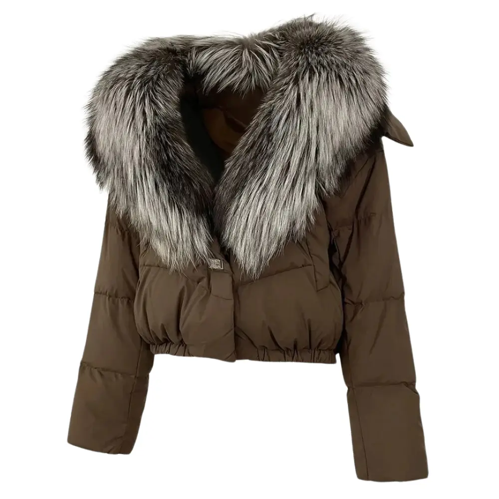 Women's cropped puffer jacket with detachable faux fur collar, cinched fit, insulated winter style
