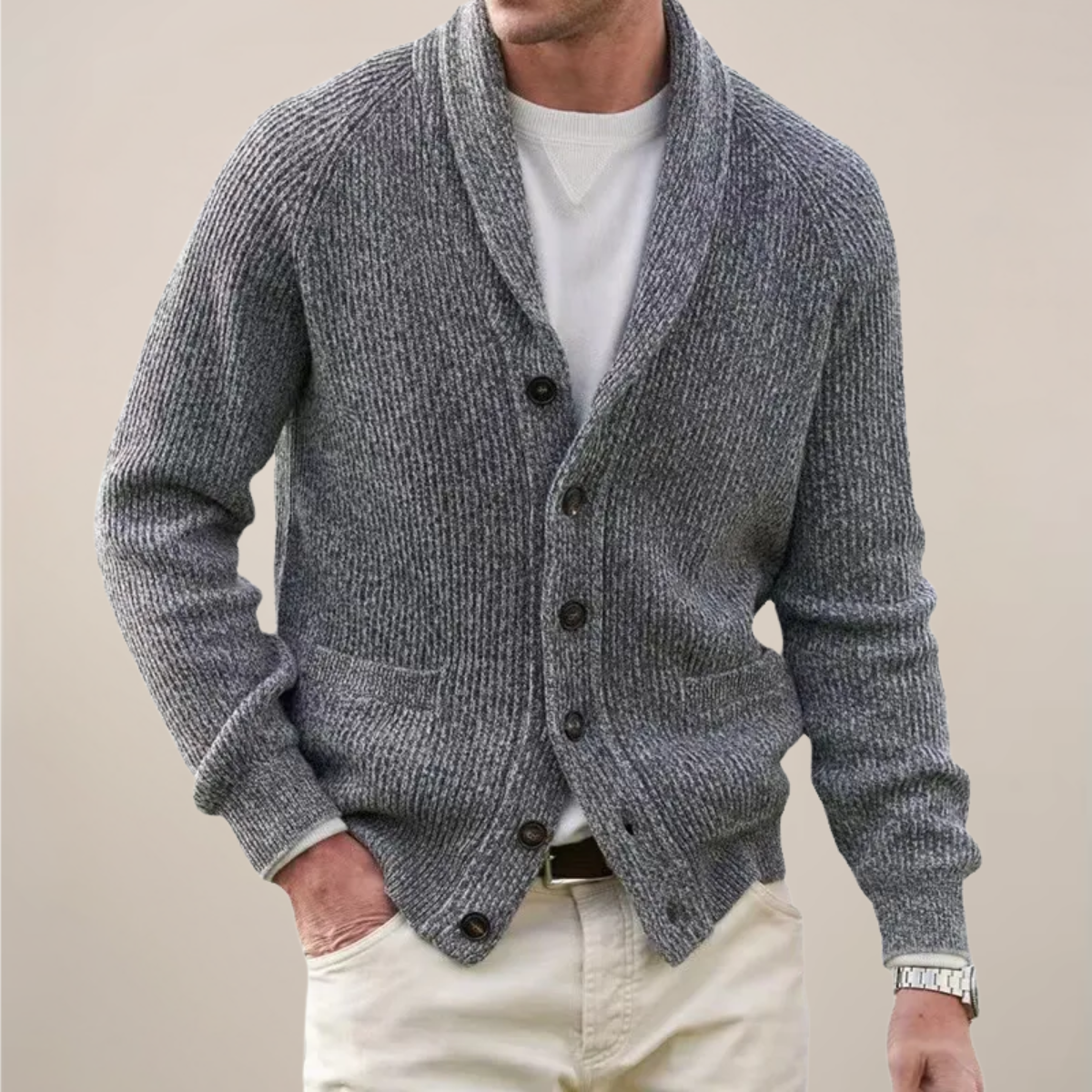 Men's shawl collar cardigan in spring tones, button-front relaxed fit for smart-casual layering