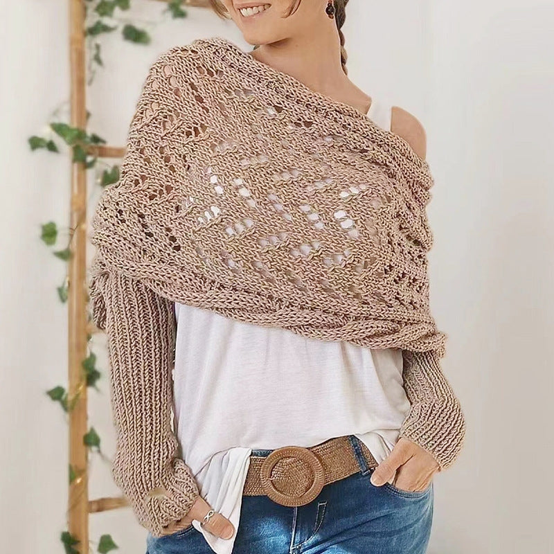 Ivory openwork knitted scarf with sleeves, hypoallergenic soft yarn cozy wrap for sensitive skin