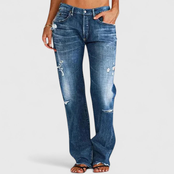 Light wash relaxed straight jeans with vintage distressed accents for casual everyday wear