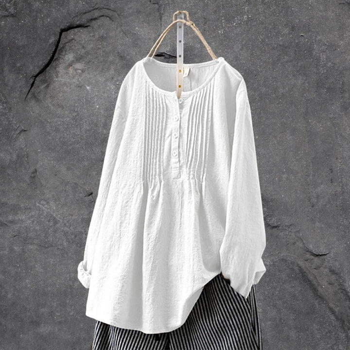 Ivory boho chic women's blouse with button-front placket and delicate ruffle details