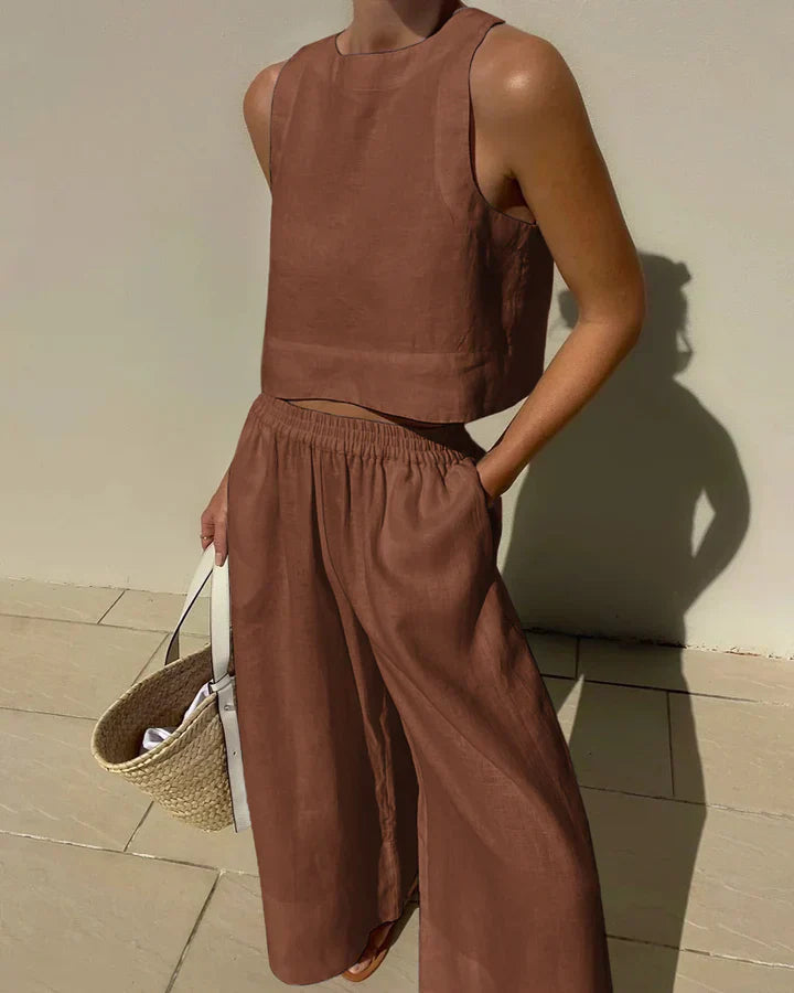 White linen minimalist matching set airy silhouette breathable fabric for warm weather