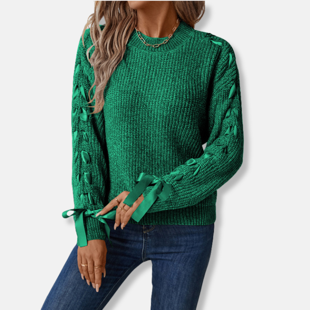 Women's relaxed fit crew neck pullover sweater soft knit with lace-up sleeve detail