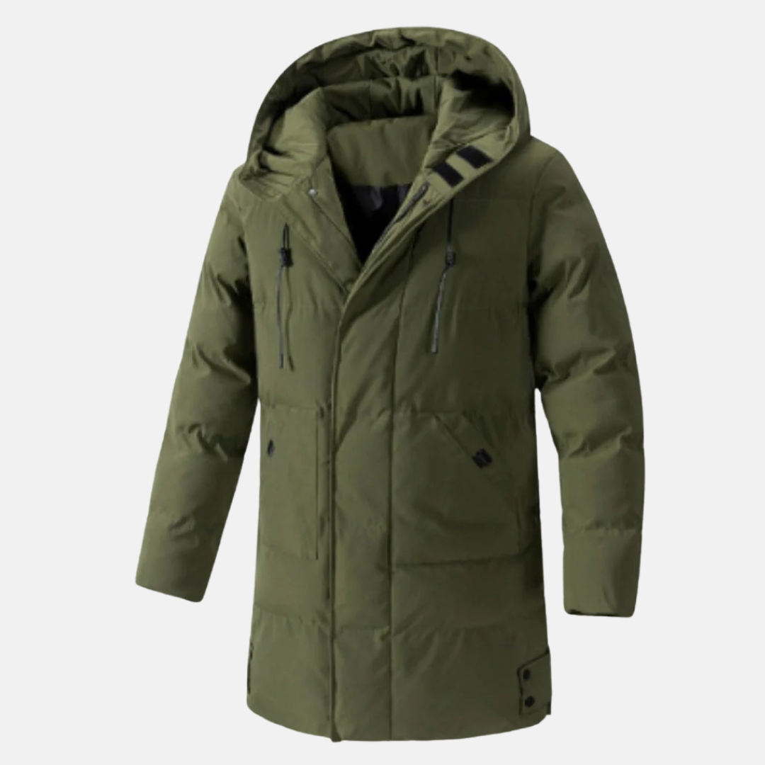 Men's insulated mid-length hooded jacket, water-repellent with multiple pockets for outdoor adventures