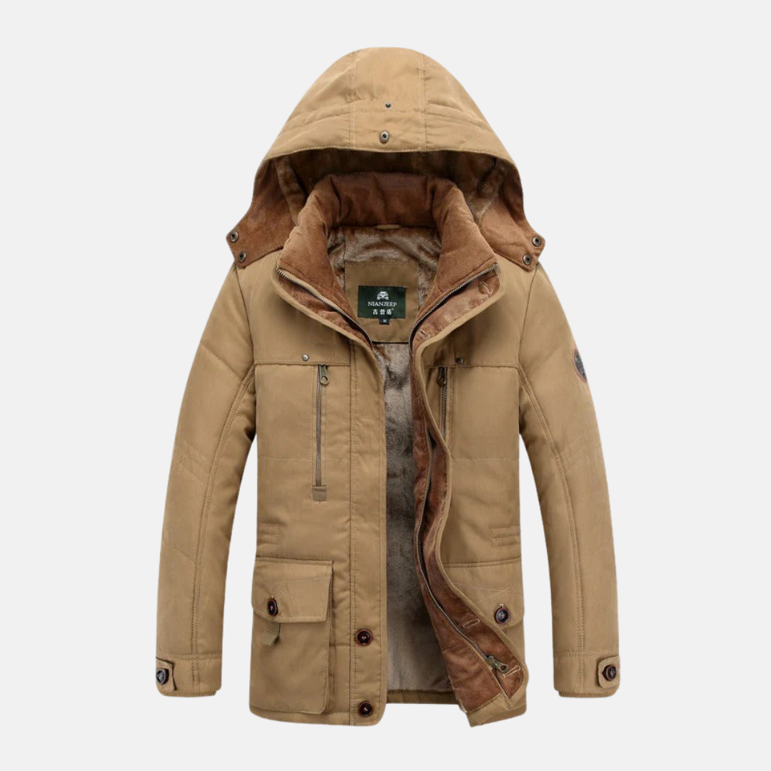 Men's navy mid-length insulated hooded jacket with multiple pockets for everyday warmth