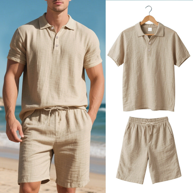 Men's linen polo two-piece set in neutral relaxed fit with adjustable drawstring waist