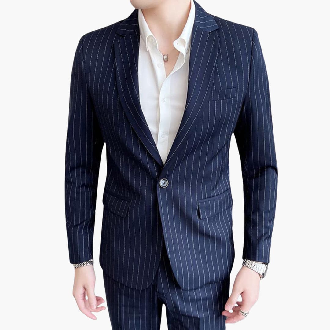 Men's slim fit navy pinstripe suit single-breasted blazer with notch lapels lightweight fabric