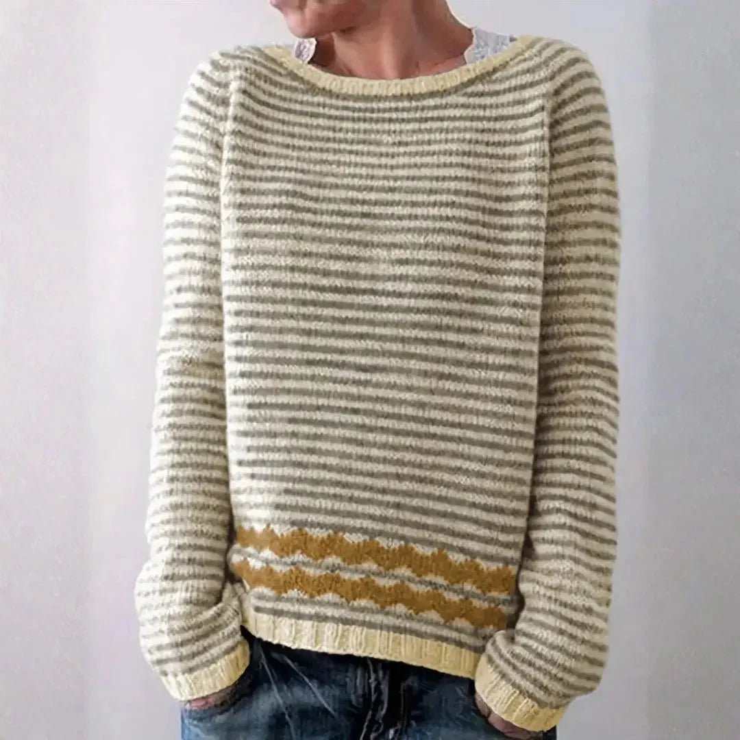 Women's striped knit sweater relaxed fit soft lightweight with contrast wave hem detail