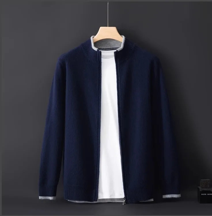 Men's gray cashmere zip jacket lightweight wool blend brushed finish two-way zip slim fit